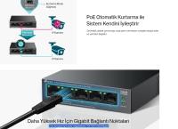 TP-LINK LS105GP 4 PORT GIGABIT + 1 PORT RJ45 UPLINK POE 65W 250 METRE POE MESAFE METAL KASA SWITCH - 4
